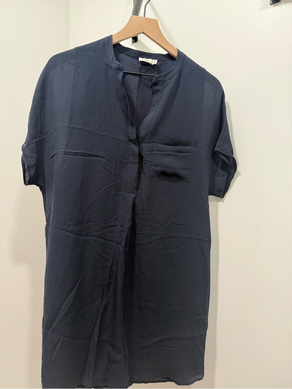 Vince Navy Band-Collar Short Sleeve Silk Dress